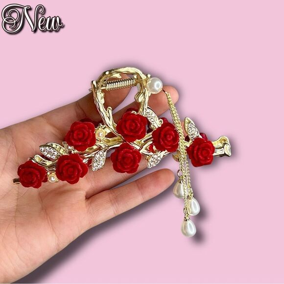 New Gold Rose Vine Hair Clip with Pearls & Rhinestone Leaves - Picture 4 of 7